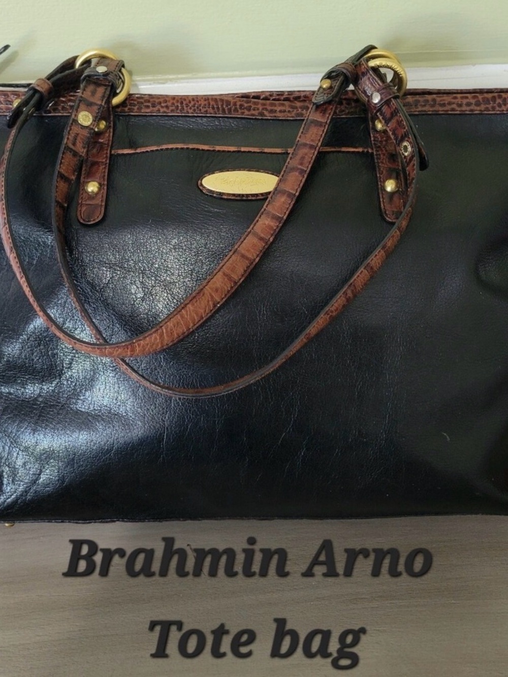 Brahmin Black Leather Tote with Brown Croc-Embossed Trim Suede Lining